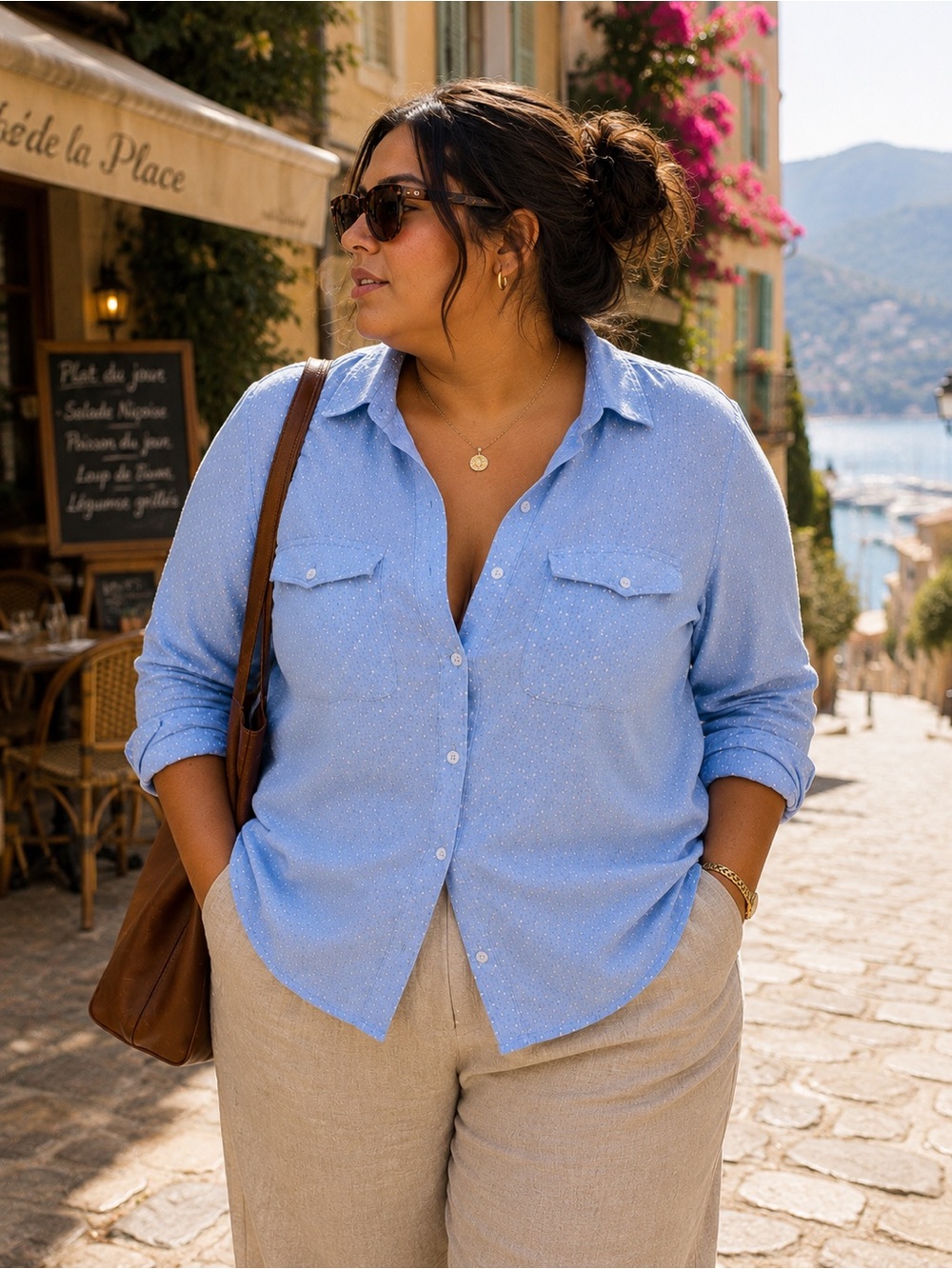 100% Cotton Classic Light Blue Button-Down Shirt - Women's Casual Top